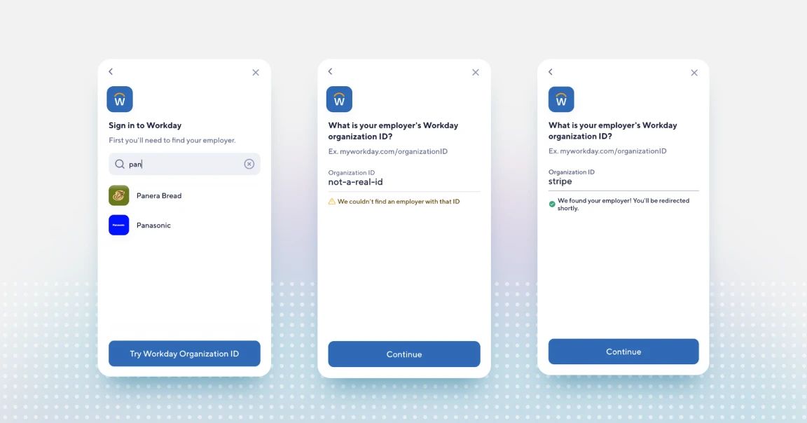 Three screenshots of the mobile Transact SDK showing the updates to Workday.