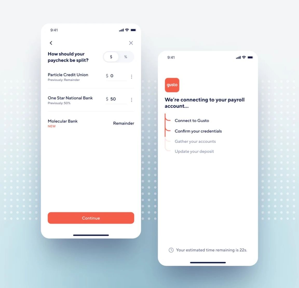Screenshots of the Fractional Direct Deposit experience in the Transact SDK